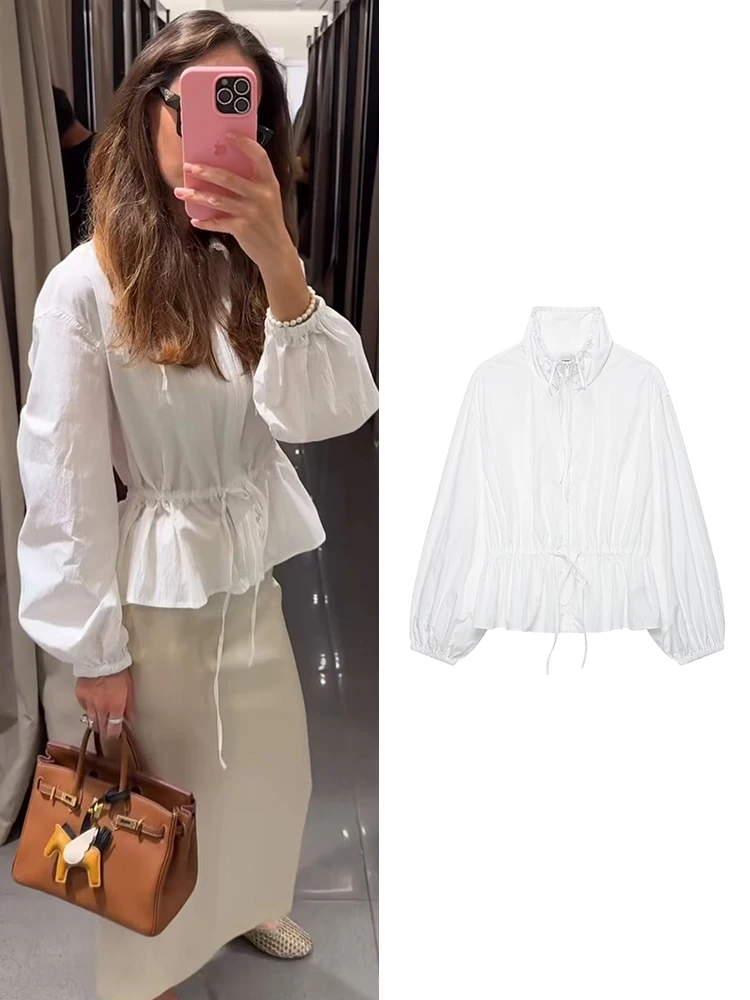 TFMLN 2026 Women's Stand Collar Jacket Leisure Drawstring Waist Zip Up Windbreaker Long Sleeve Solid Slim Coat Female Outerwear