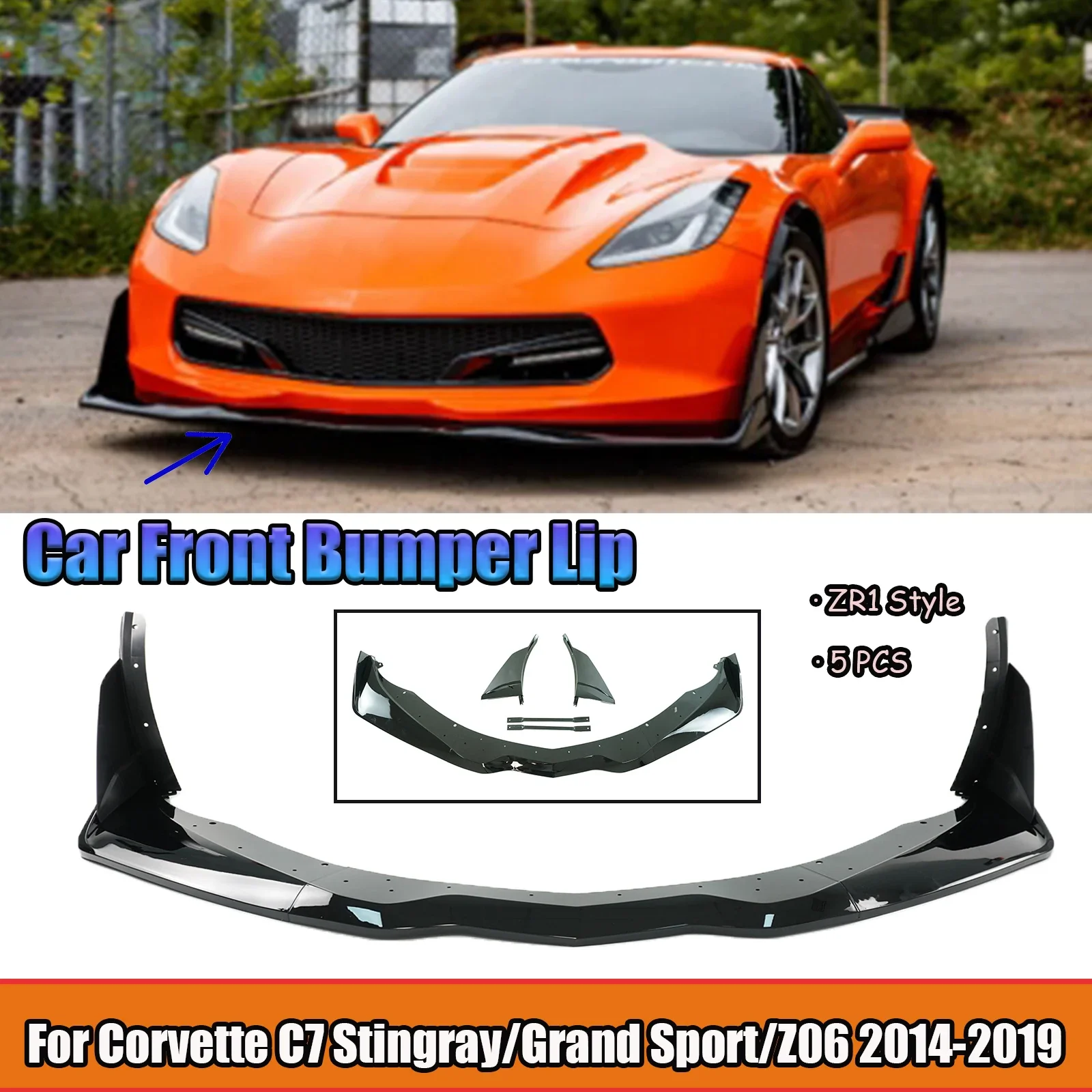 5PCS Car Front Bumper Lip With Winglet For Corvette C7 Stingray/Grand Sport/Z06 2014-2019 ZR1 Style Spoiler Diffuser Splitter