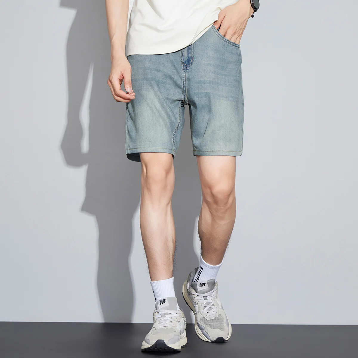 Summer Tencel Soft Stretch Loose Straight 4/10 Length Denim Shorts Men's Casual Trousers。