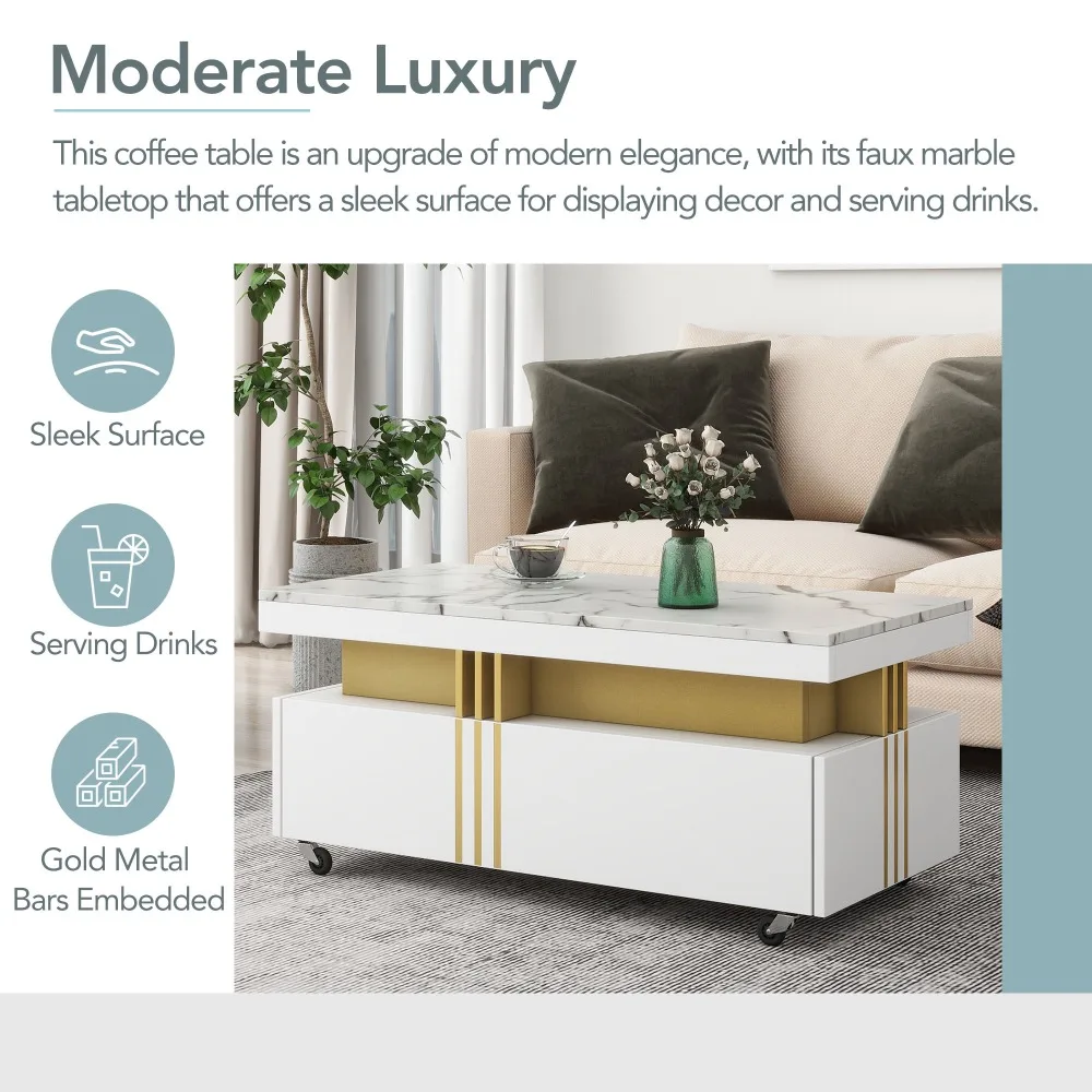 Contemporary Coffee Table with Faux Marble Top, Rectangle Cocktail Table with Caster Wheels, Luxury Table with Gold Metal Bars