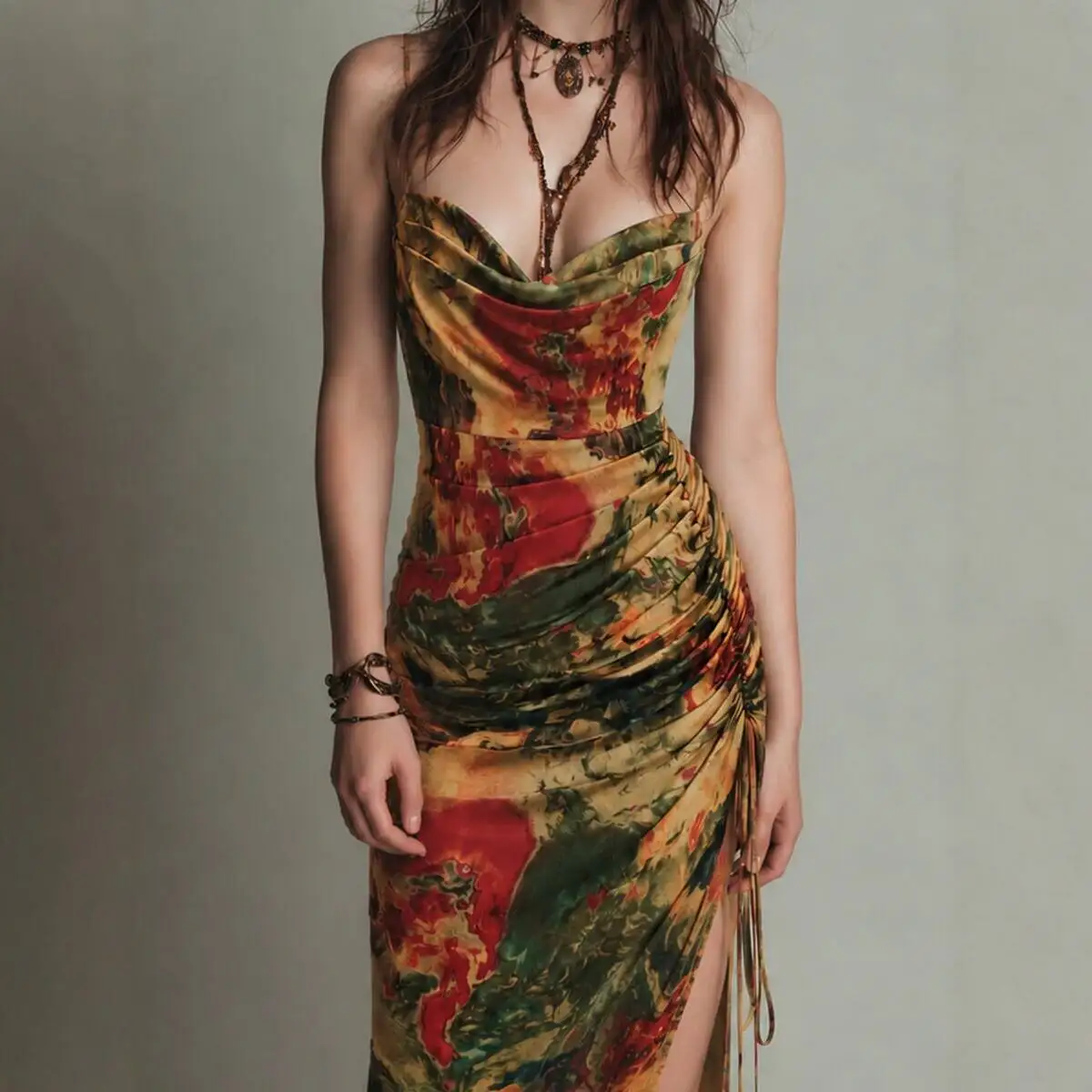 New 2026 Women's Independent Station Summer Floral Print Halter Lace Trim Split Crossbody Dress Youth Commute PVC Material