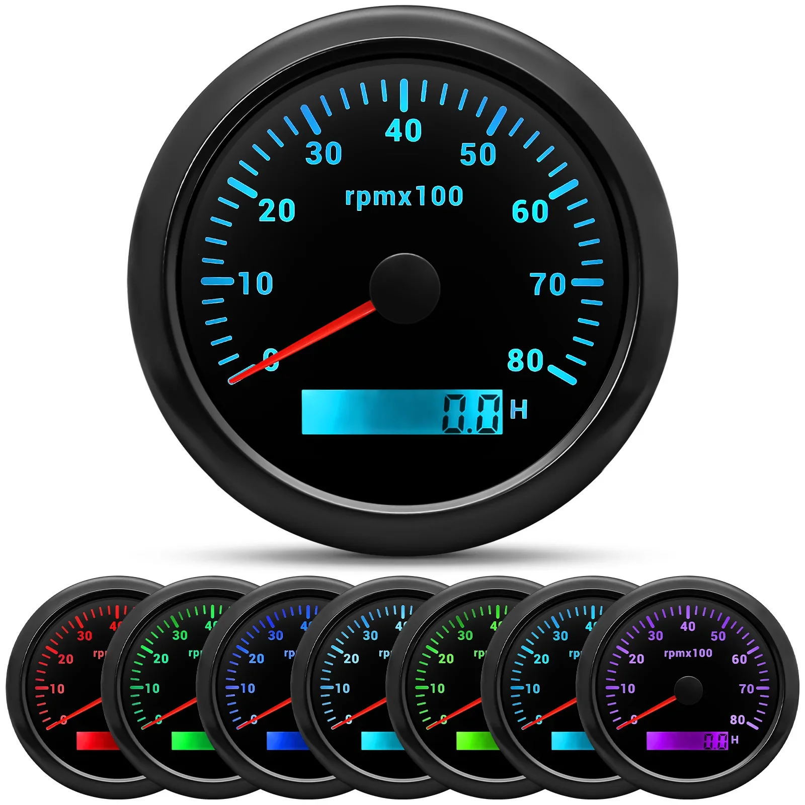 7 Colors Backlight Waterproof 8000 RPM Tachometer Gauge Engine Tachometer with LCD Hour Meter for Marine Boat Car