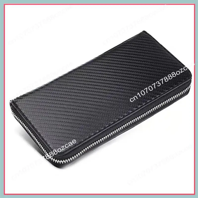 Carteira masculina de couro de microfibra de fibra de carbono com bolso para celular A26P com zíper longo