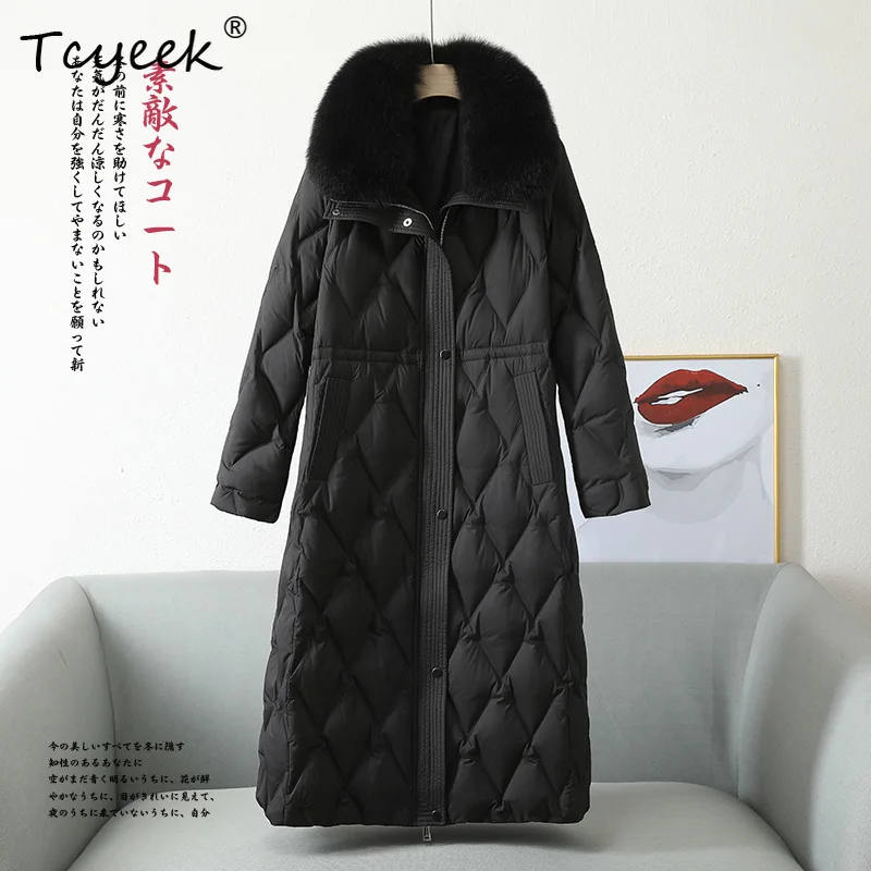 Tcyeek 秋冬韓国語バージョン取り外し可能なキツネの毛皮の襟スクエアカラーロング女性のホワイトグースダウンコート Veste ファム