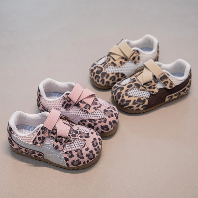 

YUYIN 2026 New Summer Girls' Casual Sports Shoes Leopard Print with Lace Edge Infant and Toddler Sports Shoes Soft Sole Hollow