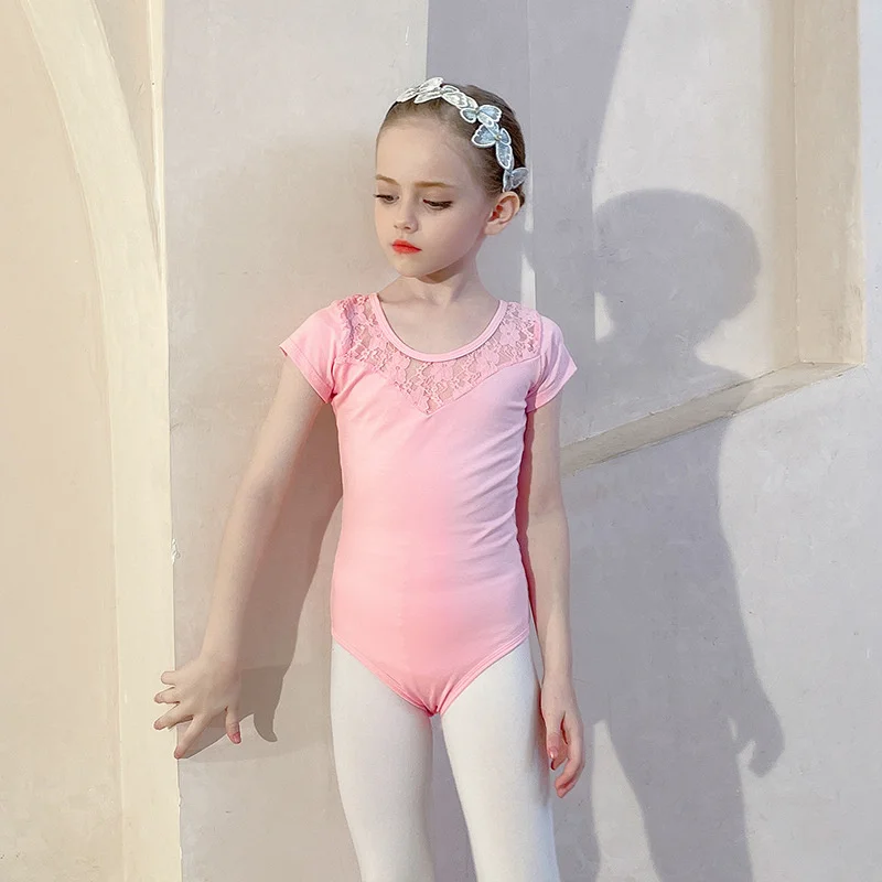 Wholesale High Quality In Stock Fast Delivery Kids Girls Children Short Sleeve Dance Wear Pink Lilac Lace Ballet Leotards