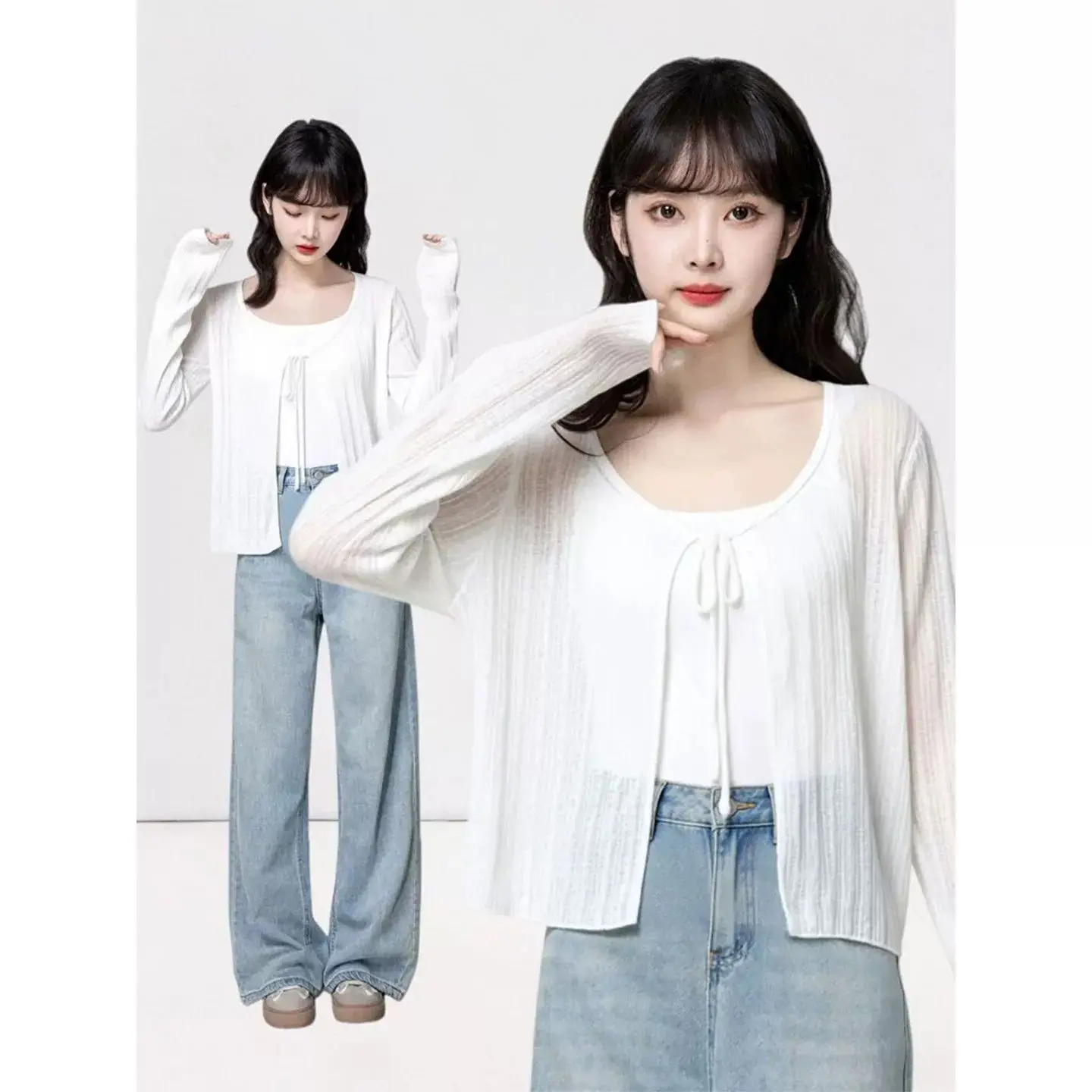 Korean Style Thin Knitted Long Sleeve Women's Cardigan Belted Sunshade Outerwear White Top Breathable Short Length Pure Color