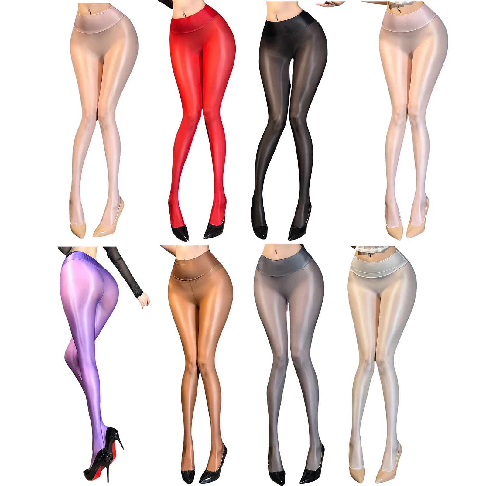 Womens Glossy See Through High Waist Pantyhose Oil Shiny Sheer Stretchy Tummy Control Stockings Tights for Nightclub Rave Party