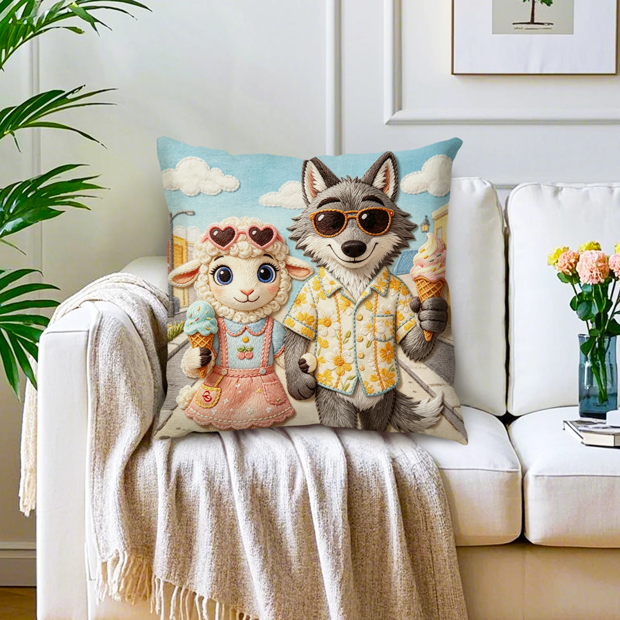 Fairytale Wolf Lamb Cushion Cover Sunglasses Animal Faux Embroidery Pillowcase Summer Vacation Farmhouse Decor Livingroom Sofa