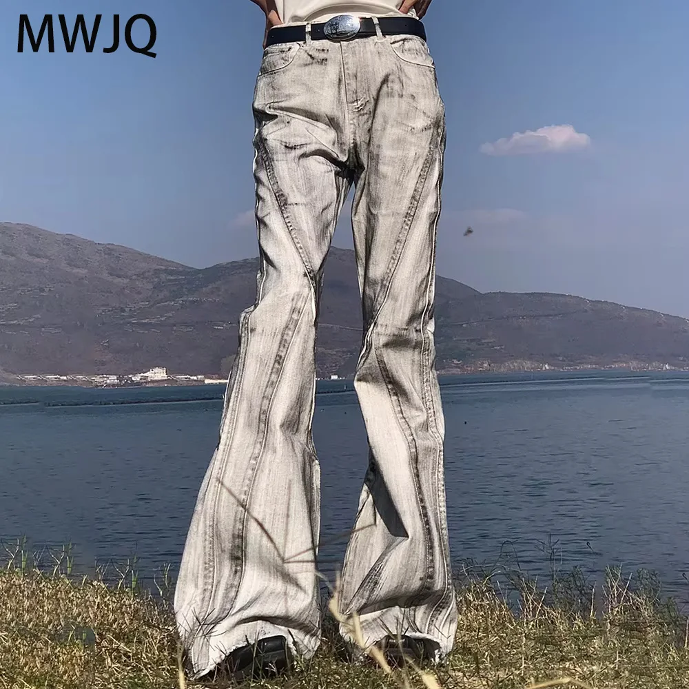 

MWJQ Overlength Niche Deconstruction Jeans Men's High Street Y2K Graffiti Fashion Boot Cut Pants Spring New Denim Bottom 010349
