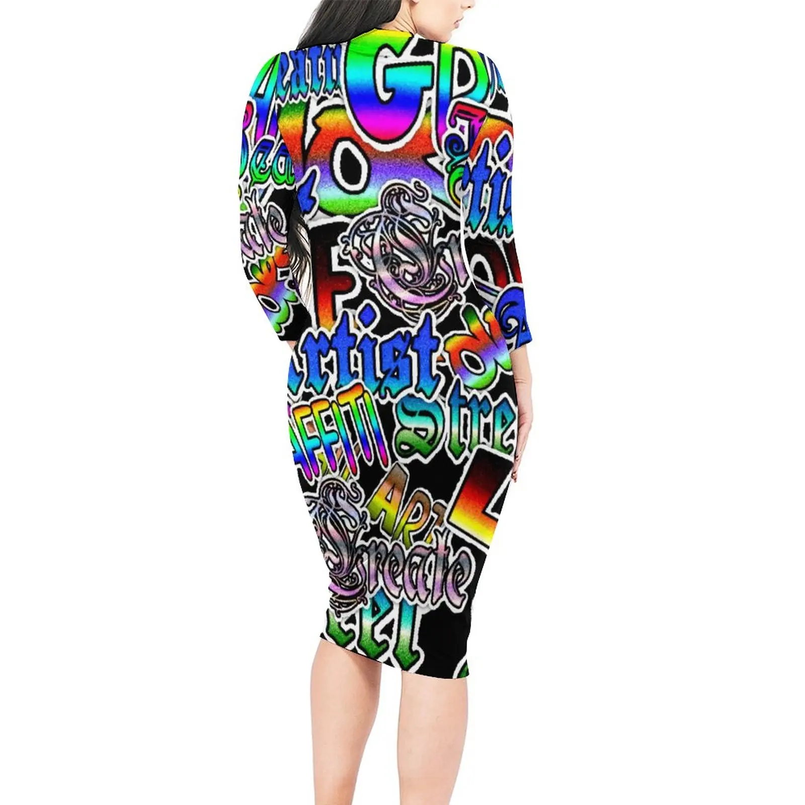 Colorful Word Graffiti Bodycon Dress Woman Letter Art Print Dresses Autumn Long Sleeve Streetwear Graphic Dress Big Size 4XL 5XL