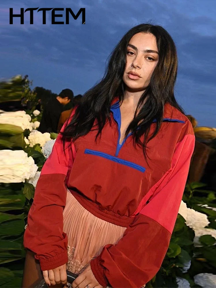 2026 Autumn Chic Contrasted Women's Jacket Red Casual Stand Collar Long Sleeve Half Zippers Loose Lady Coats Streetwear New