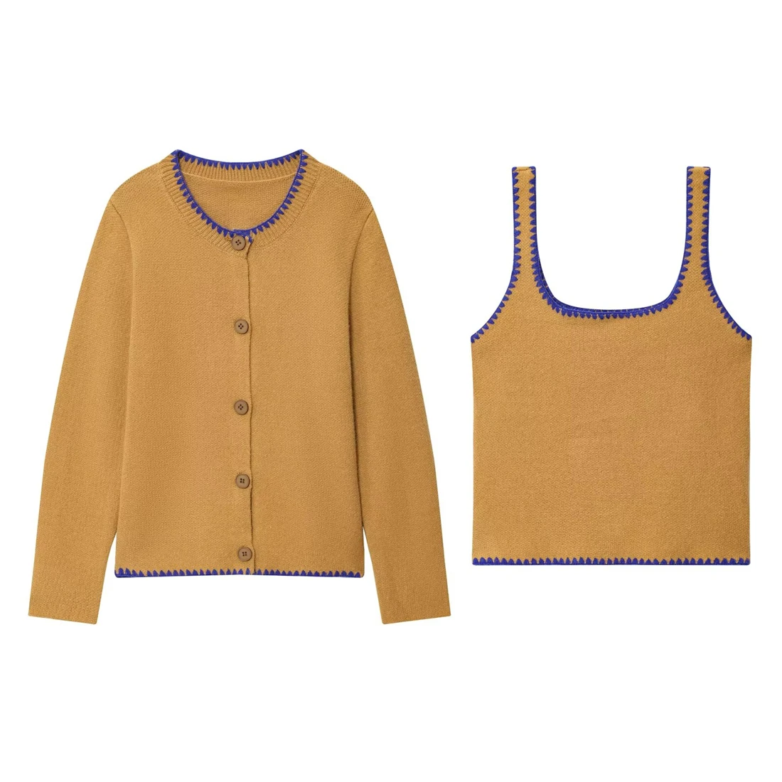 

Women's Color-Block Embroidered Knit Cardigan Tank Top Set Spaghetti Strap Fashionable Top And Cardigan Combo