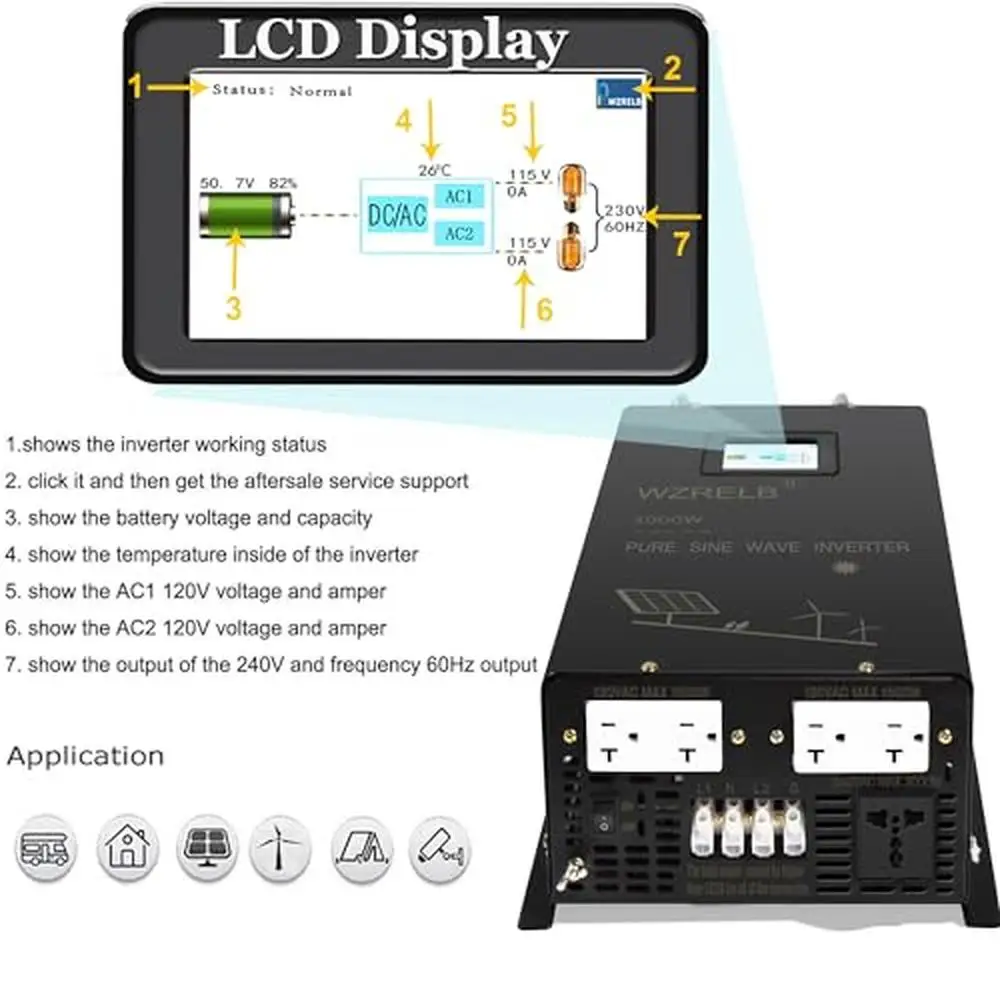 3000W Split Phase Pure Sine Wave Inverter 24V DC to AC 120V 240V 6KW Surge LCD Display & Remote Control Off-Grid Power Solution