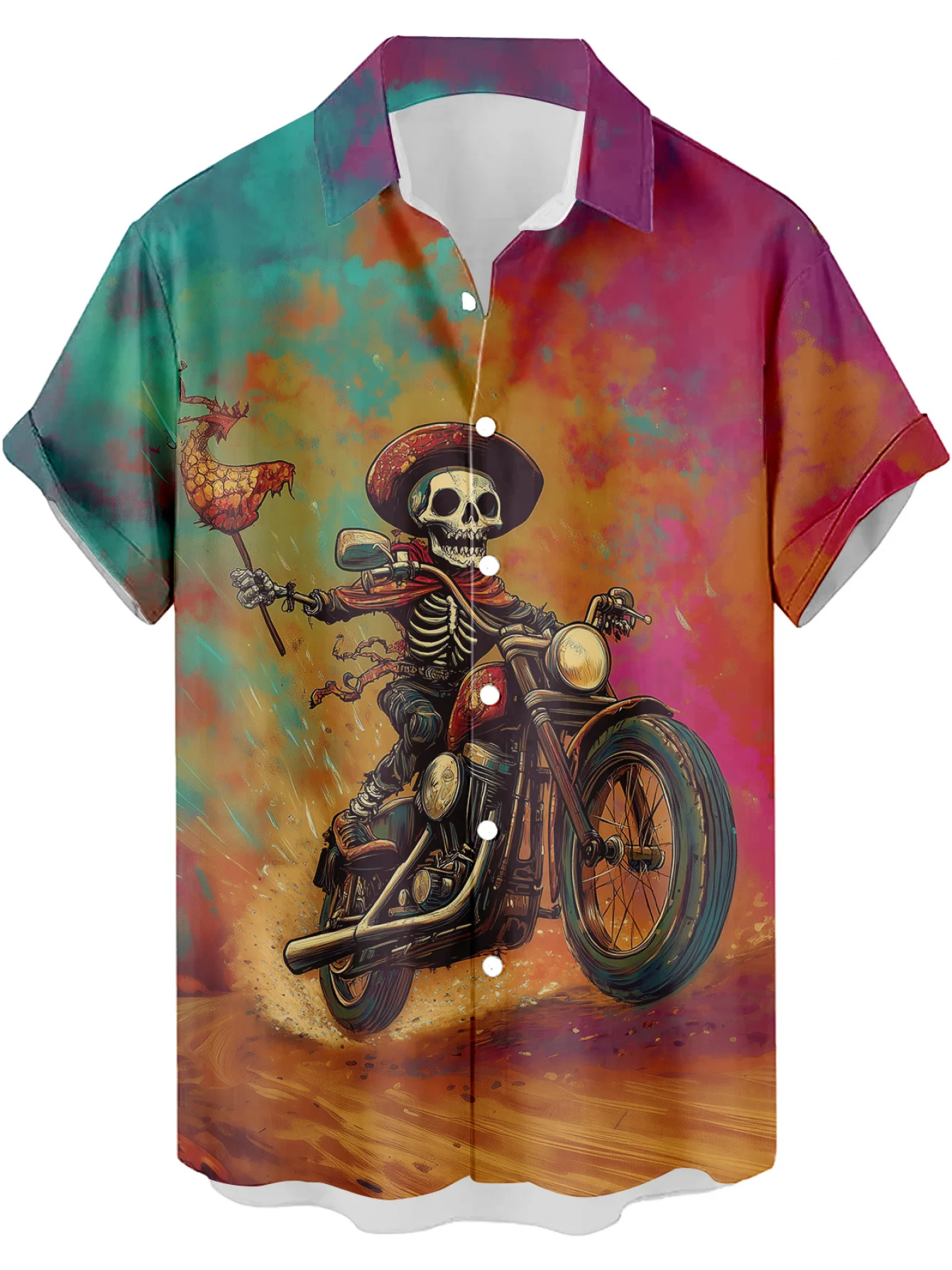 Men Day Of The Dead Skeleton Motorcycle Print Short Sleeve Shirt Lapel Collar Halloween Party Casual Tops