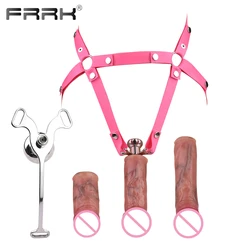 FRRK Flat Male Chastity Cage Device With Silicone Dildo Head Stainless Steel Negative Cock Lock Intimate BDSM Belt Sex Toys Men