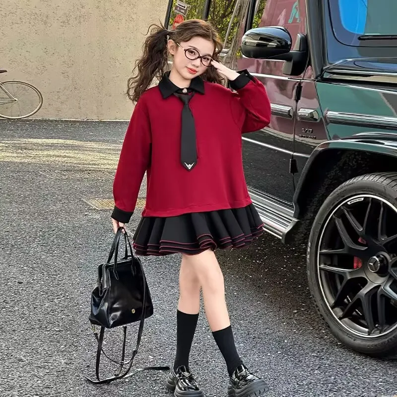 

Girls' Campus Style School Uniform Dress Autumn and Winter New Solid Color Fashionable Splicing Fluffy Skirt Princess Dress