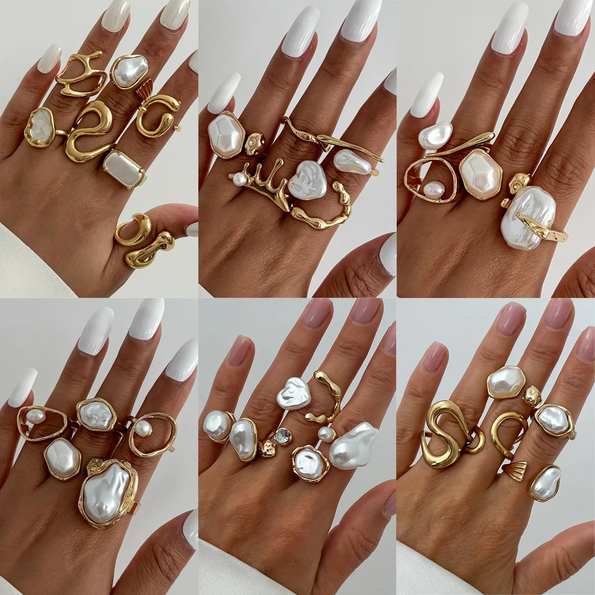 

【Multi-Piece Set】Irregular Baroque-Style Imitation Pearl Open-Front Ring Asymmetrical Geometric Design-Fashionable Accessory
