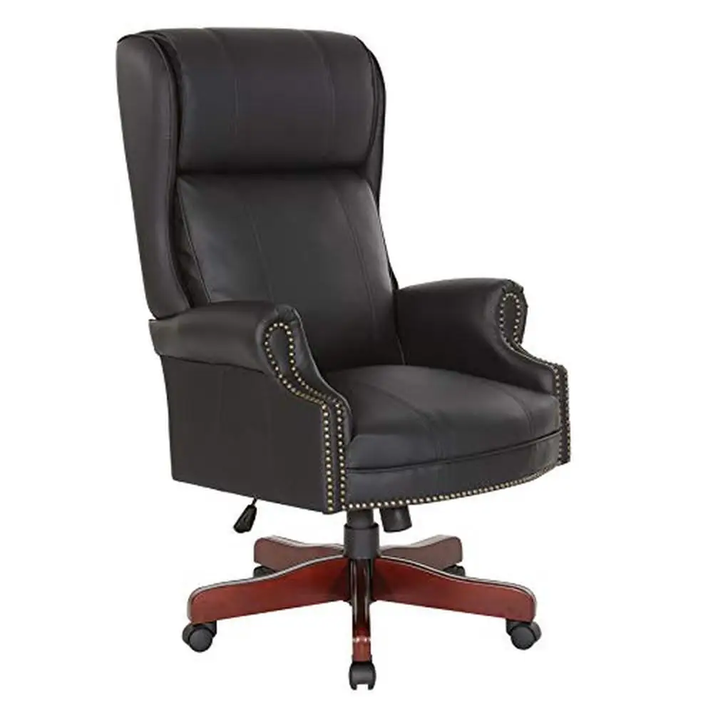 High Back Executive Chair Brass Finish Nail Trim Upholstery Wood-Covered Lumbar Support Armrests Adjust Height & Tilt Lock