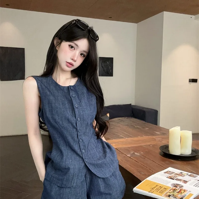 

Summer 2026 Women's Fashion Set Wide Leg Short Pants Denim Vest Sleeveless Suit Quality Matching Casual Wear Two Piece Suit