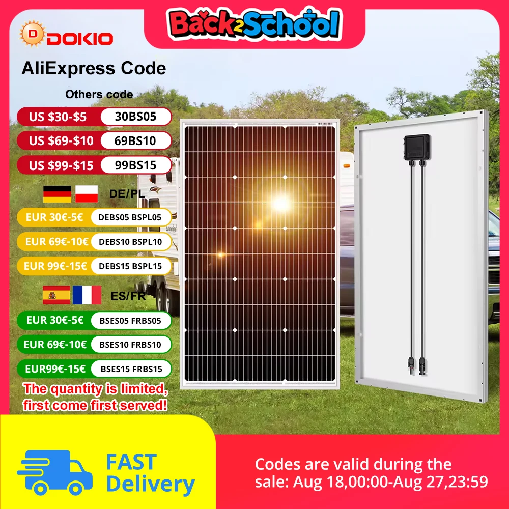 DOKIO Panneau Solaires 18V Panneaux 100WS Pannello solare Pannelli fotovoltaici impermeabili per campeggio/Powerbank/12V Batteria/Campervan
