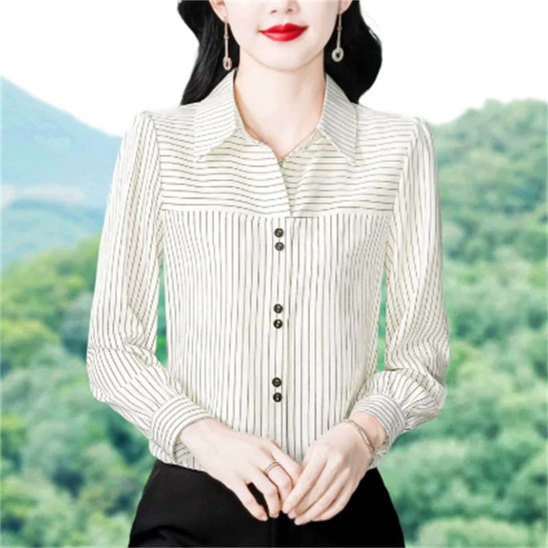 

Полосатая шифоновая рубашка для женщин, блузка, повседневный топ, весенне-осенняя женская одежда, рубашка, версия, профессиональная темпераментная рубашка