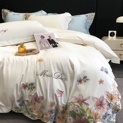 Bedding Set Luxury Flowers Embroidery Quilt/Duvet Cover White Egyptian Cotton Bedspread Fitted Sheet Mattress Cover Pillowcases