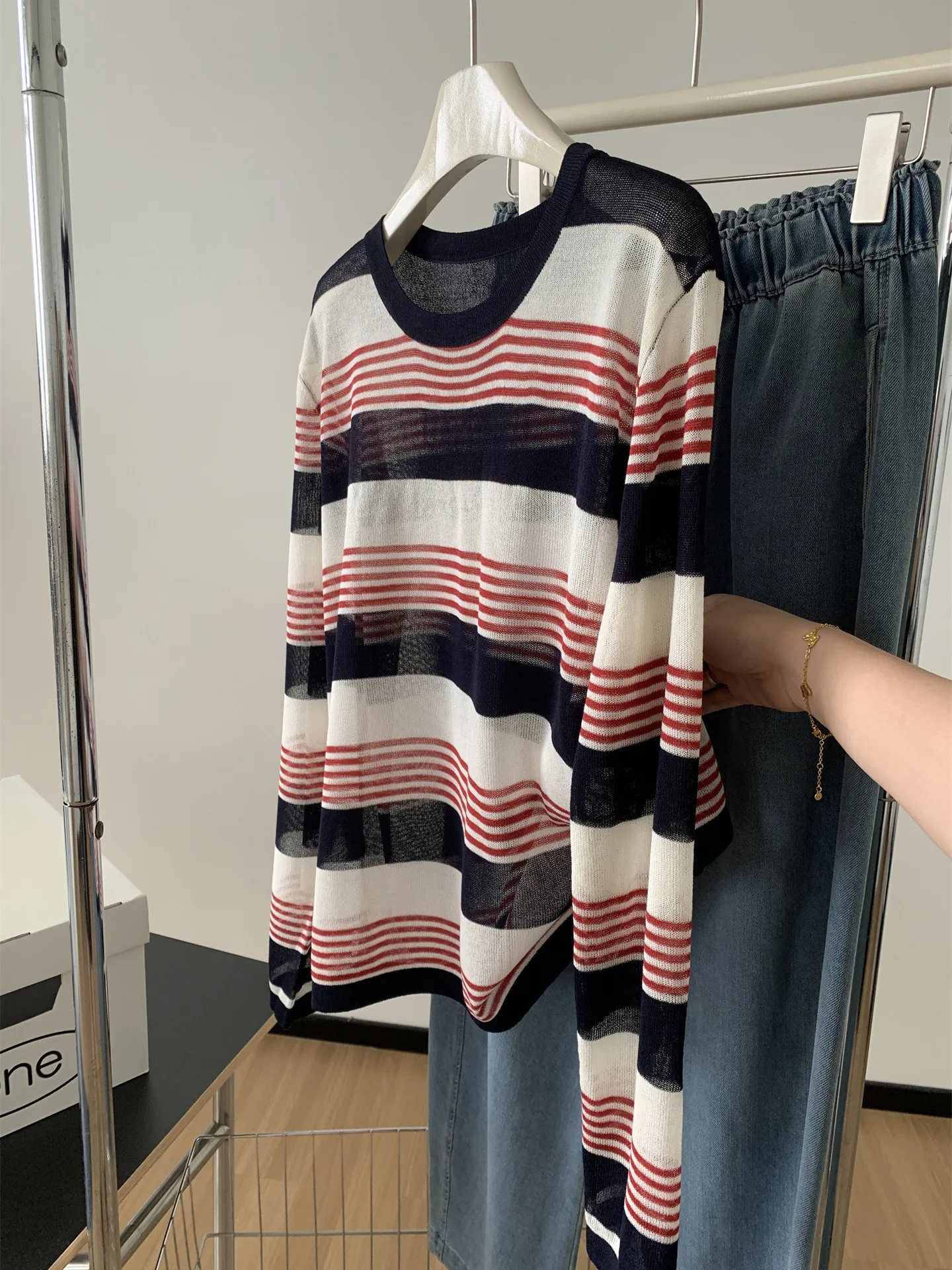 

Early Autumn Long Sleeved Striped Women T Shirt 2025 New Lazy Style Vintage Knitting Pullovers Sun Protection Female Tops Tees