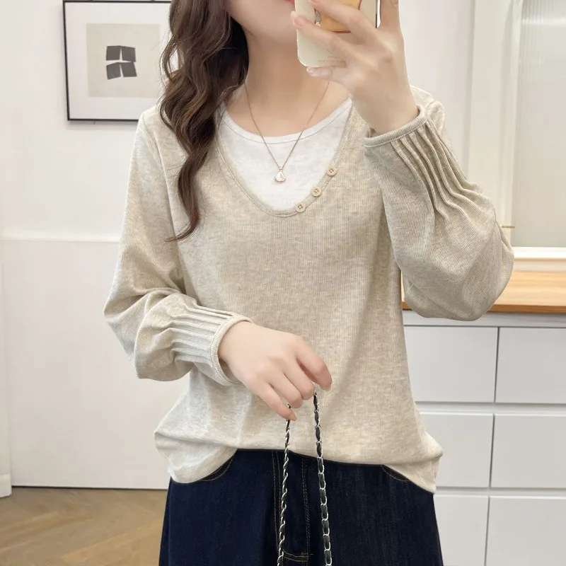 Women V Neck Fake Two Piece Top Autumn Pleated Sleeve Loose Hide Belly Long Sleeve Shirt