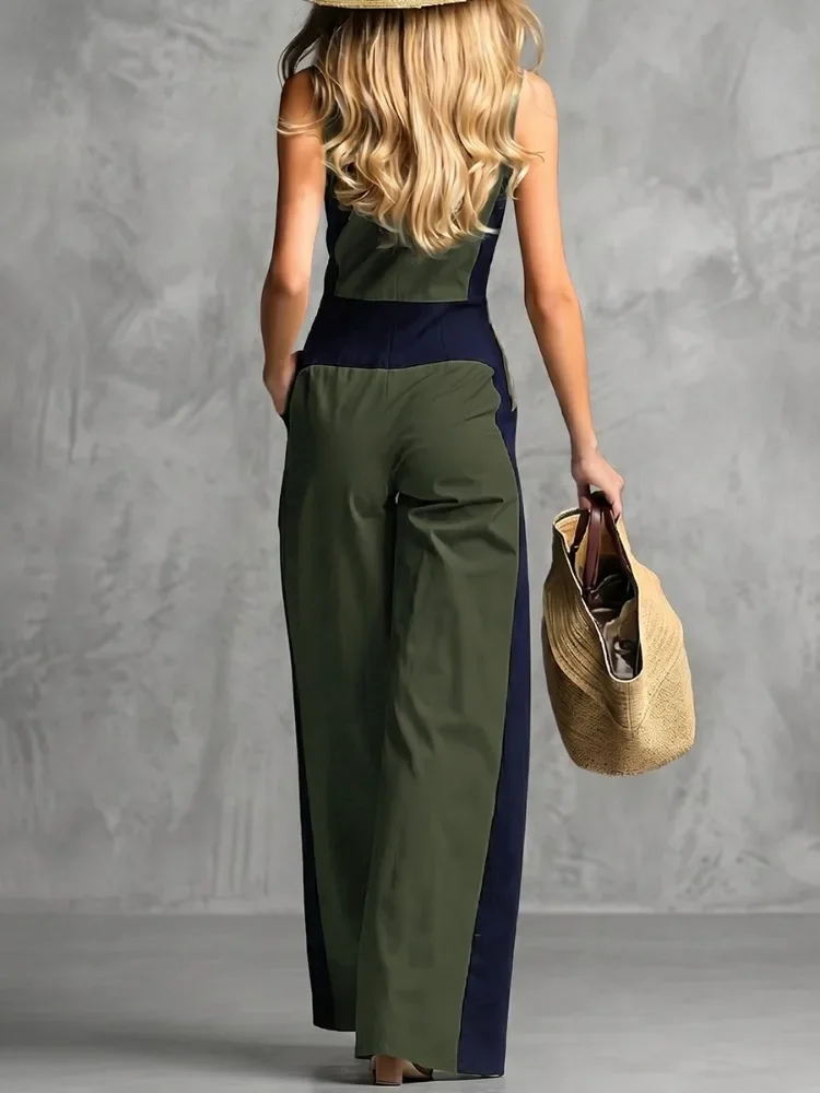 Yeezzi Women Color Block Sleeveless Jumpsuits Lapel Collar Front Zipper Wide Leg Long Jumpsuit Pockets Casual Streetwear Rompers