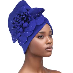 Diamantes grande flor turbante feminino bonés elástico muçulmano lenço heawear chapéu feminino cabeça envolve festa de casamento headpiece