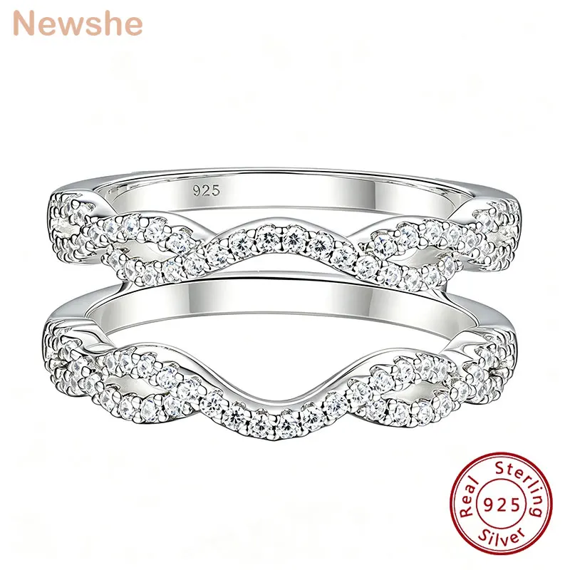 Newshe 925 Sterling Silver Enhancer Stackable Wedding Bands for Women Adjustable Double Wave Ring AAAAA CZ Fine Jewelry