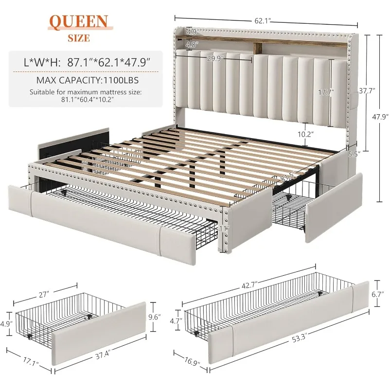 Queen Bed Frame with 3 Drawers,2-Tier Shelves,Easy Assembly,No-Noise,Beige，home.