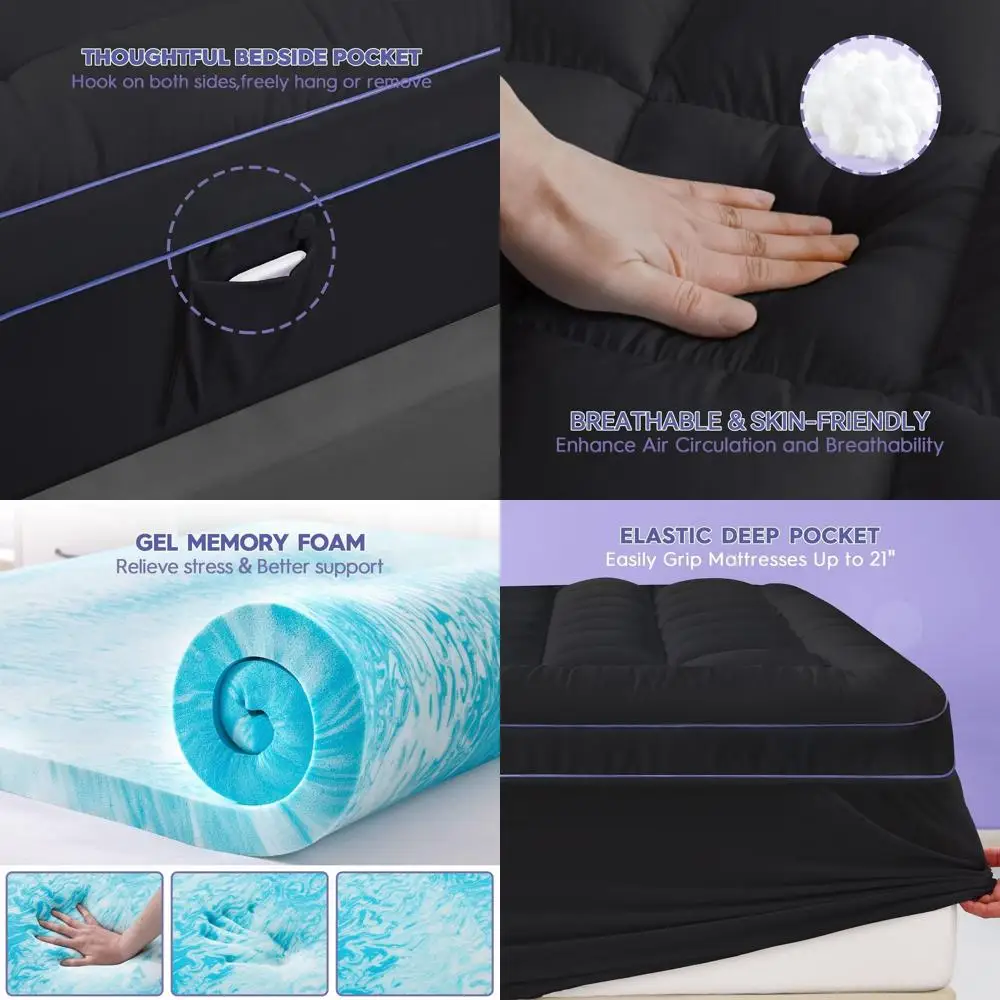 Топпер из пены с эффектом памяти 3, с подушкой, глубоким карманом, снятие давления, черный