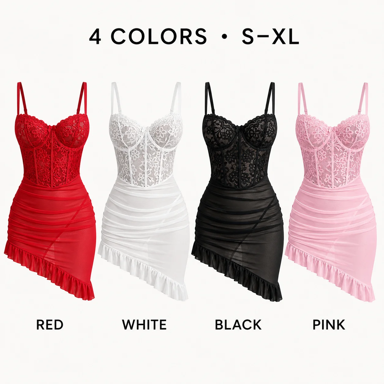 Women's Transparent Lace Lingerie Nightdress with Matching Panties, Ruched Ruffle Hem Babydoll Sleepwear, Four Colors S-XL - view 6