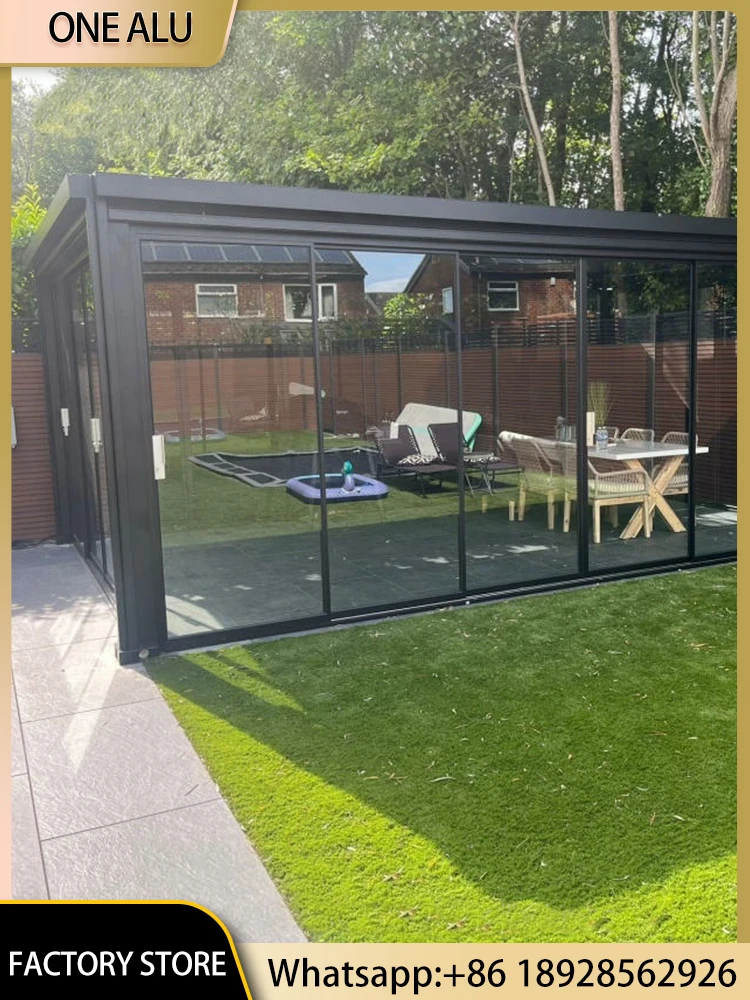 Luxury Aluminum Louvered Gazebo with Glass Enclosure LED Lights Waterproof for Garden Patio