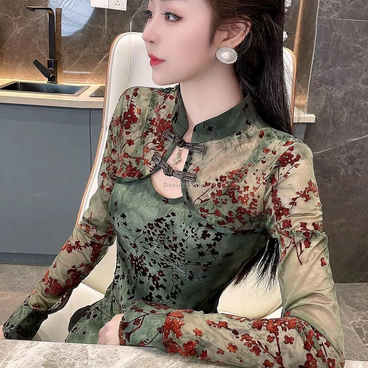 2024 fashionable sexy slim hollow out tang suit top chinese style exquisite printing blouse graceful temperament lady party top