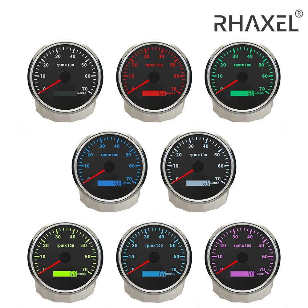 RHAXEL Tachometer RPM Meter 3K 4K 6K 7K 8K RPM 110mm with Hourmeter with 7 Colors Backlights 12V 24V for ATV Car Boat
