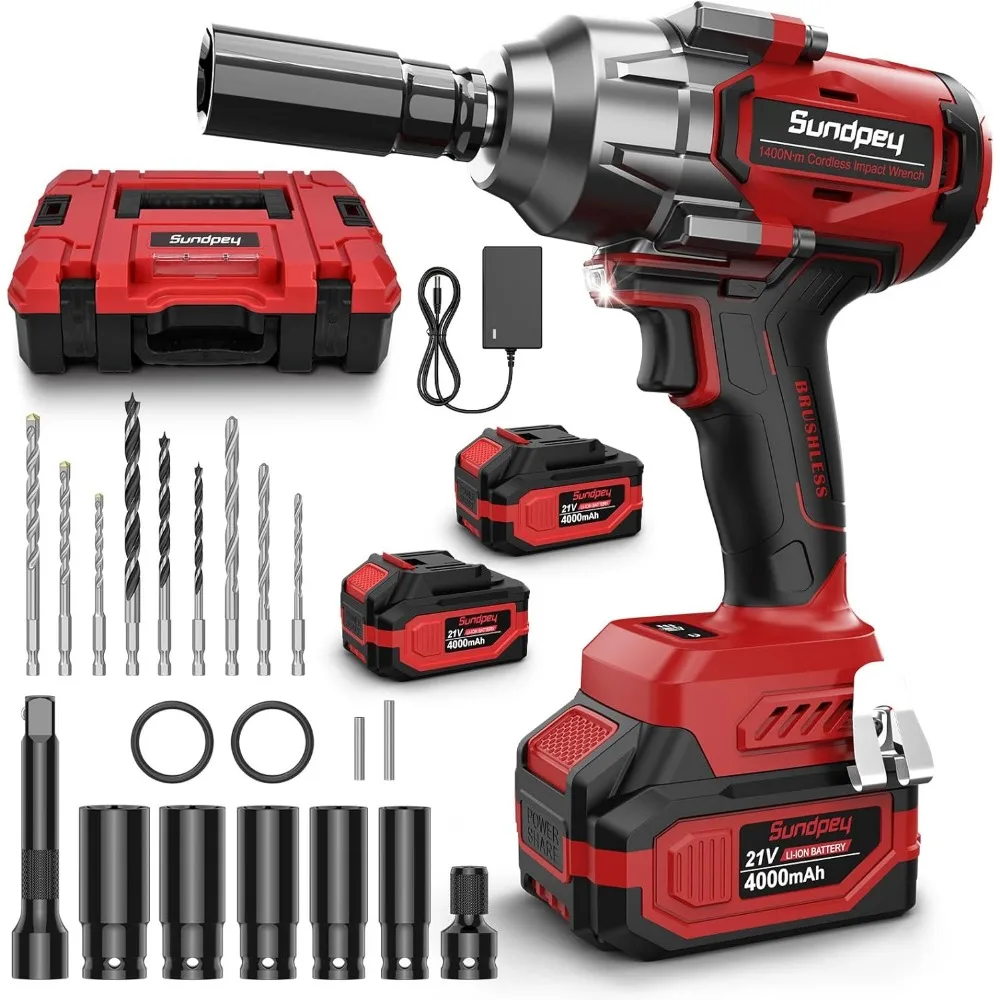 

Cordless Impact Wrench 1033Ft-lbs - 1400N·m High Torque Impact Gun - 21V Brushless Impact Driver with 2pcs 4.0Ah Battery & 5 So