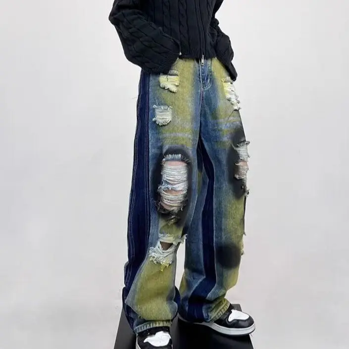 High Street Pants Jeans Ripped Pants Men's and Women's Loose and Stylish Straight Leg Floor Length
