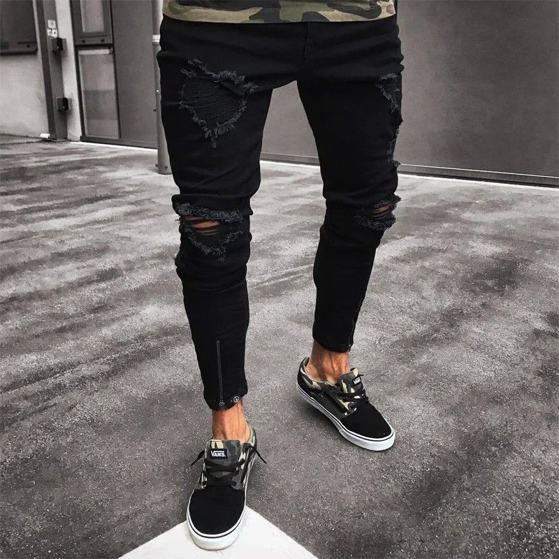 

Punk Street Style Ripped Skinny Jeans Men Vintage Wash Solid Denim Trouser Mens Casual Slim Fit Pencil Denim Holes Pants