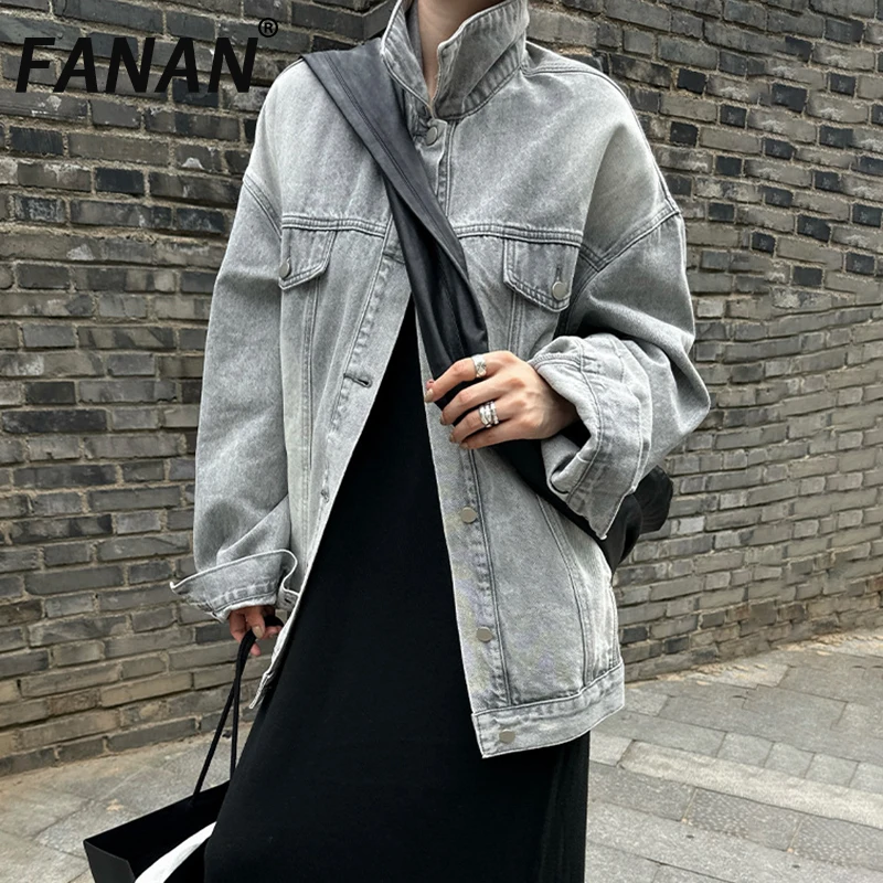 FANAN Vintage lavé Denim vestes pour femmes revers simple boutonnage à manches longues mode Streetwear manteaux femme 2025 automne nouveau