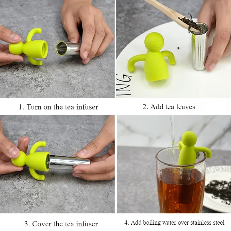 Creative Humanoid Tea Glass Infuser Tea Bag 304 Stainless Steel Silicone Tea Glass Filter Mesh Kitchen Accessories