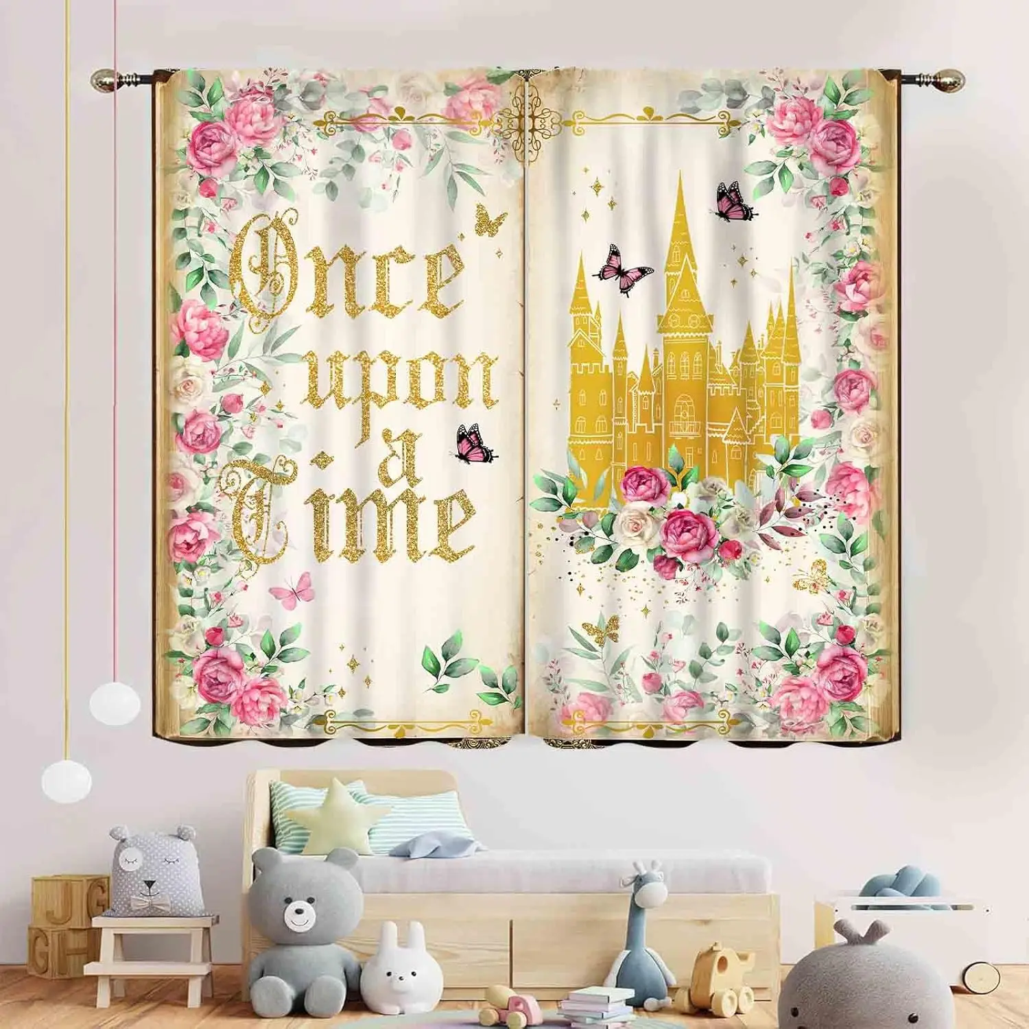 Princess Curtains for Girls Bedroom, Once Upon a Time Magic Gold Castle Romantic Pink Watercoror Floral Fairy Dreaming Window