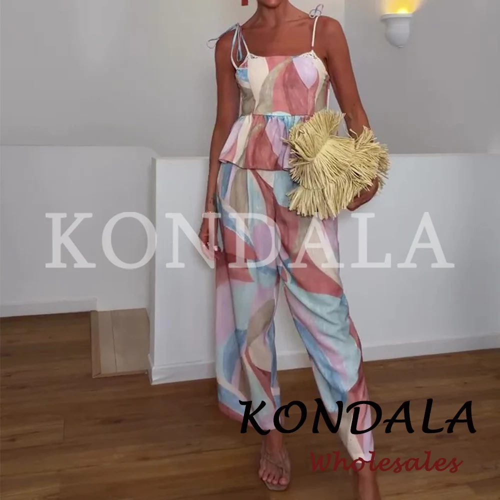 KONDALA Fashion 2026 Casual Print Women Summer Suit Holiday Beach Cami Slim Vest+Wide Leg Holiday Long Pants Elegant Female Sets