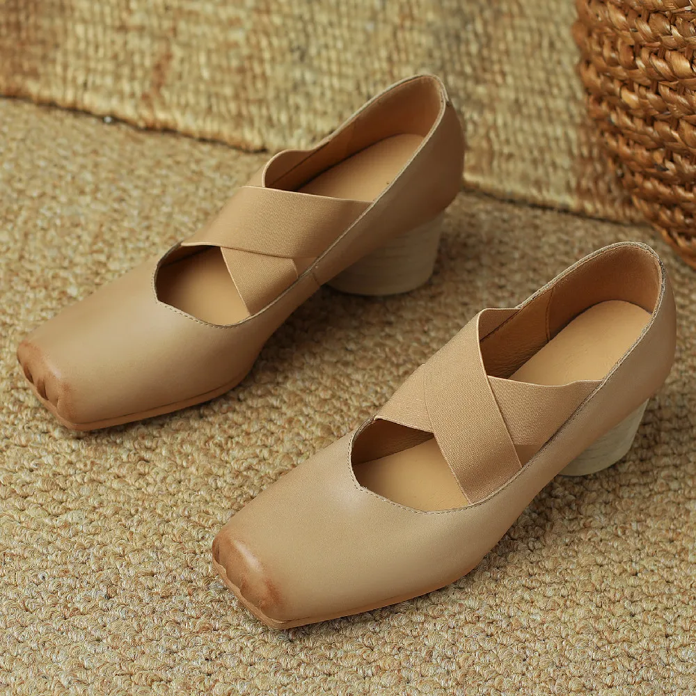 Women's genuine leather thick round heel sqaure toe elastic slip-on pumps elegant ladies retro ballet pumps pleated heels shoes