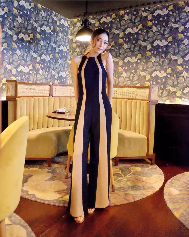 트렌디한 출퇴근용 OL 베스트 네이비 컬러 슬림핏 점프수트 하이웨이스트 코튼 블렌드 원단 비즈니스 캐주얼 슬리