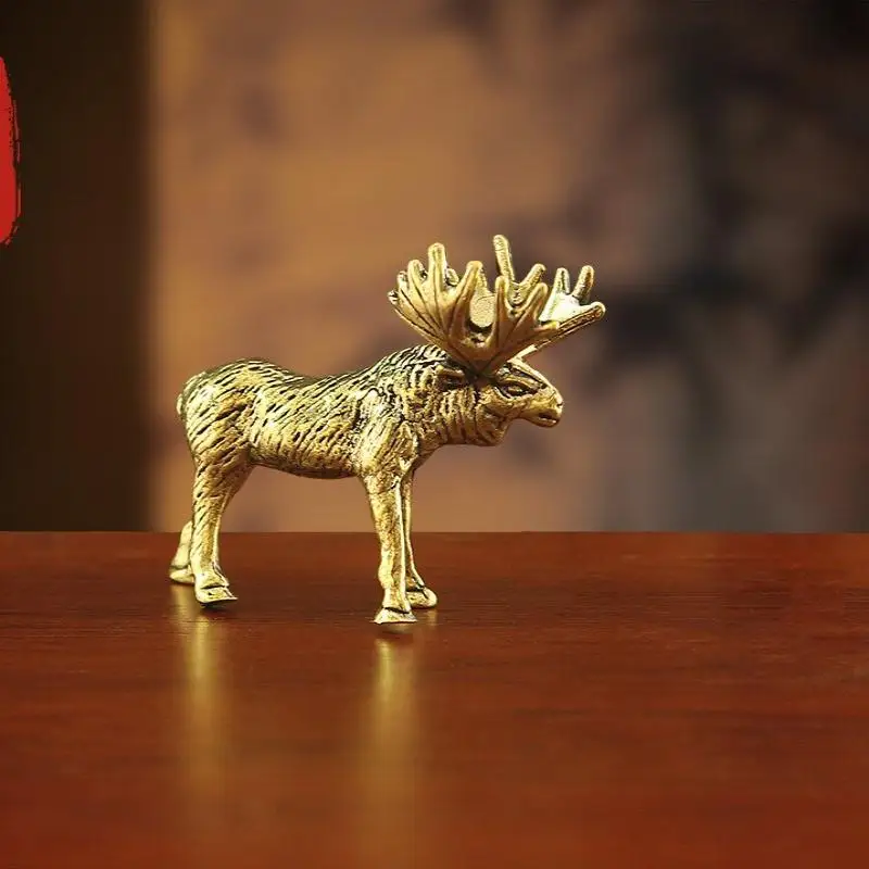 【MA】Mini Brass Elk Statue Elk Animal Crafts Tabletop Ornament Collection Tea Pet Home Decor Festival Gift