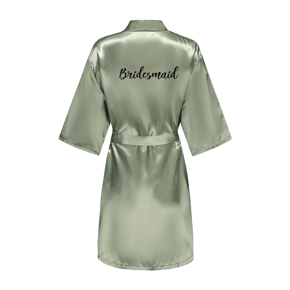 Wedding Party Bridesmaid Maid of Honor Robe With Black Writing Letter Women Lady Grass Green Satin Bathrobe Kimono