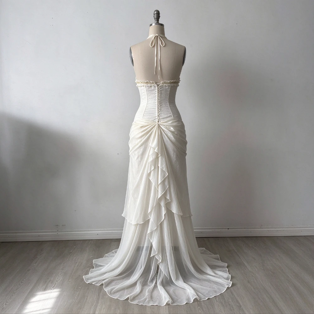Customized Ivory Halter Corset Wedding Dress Lace V‑Neck Draped Chiffon Skirt High Slit Sweep Train Vintage Bridal Gown